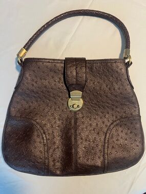 Brown Ostrich-Embossed Leather Shoulder Bag